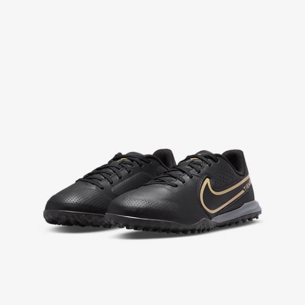 Nike Jr. Tiempo Legend 9 Academy TF Older Turf Otroci Nogometni Čevlji Črna / Temno Siva / Kovinski Zlato / Črna | NK719EQR