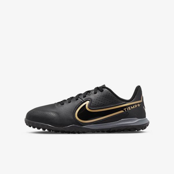 Nike Jr. Tiempo Legend 9 Academy TF Older Turf Otroci Nogometni Čevlji Črna / Temno Siva / Kovinski Zlato / Črna | NK719EQR