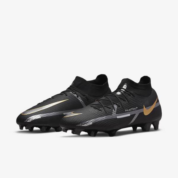 Nike Phantom GT2 Pro Dynamic Fit FG Firm-Ground Moški Nogometni Čevlji Črna / Kovinski Zlato / Kovinski Srebrna / Kovinski Temno Siva | NK806IJQ