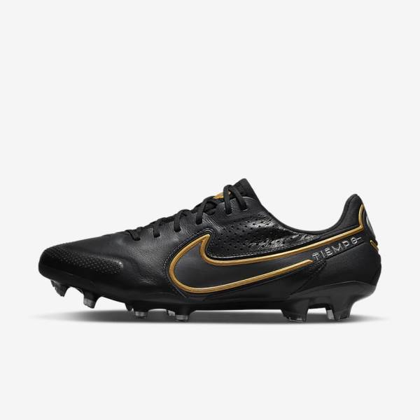 Nike Tiempo Legend 9 Elite FG Firm-Ground Ženske Nogometni Čevlji Črna / Temno Siva / Kovinski Zlato / Kovinski Temno Siva | NK209IFN